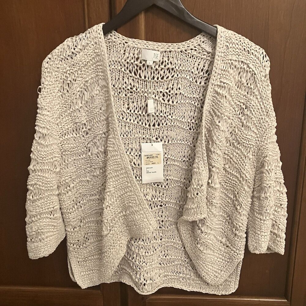 TSE Women's Sweater Cardigan White Taupe Large Chunky Weave Silk Nylon Crop $495
